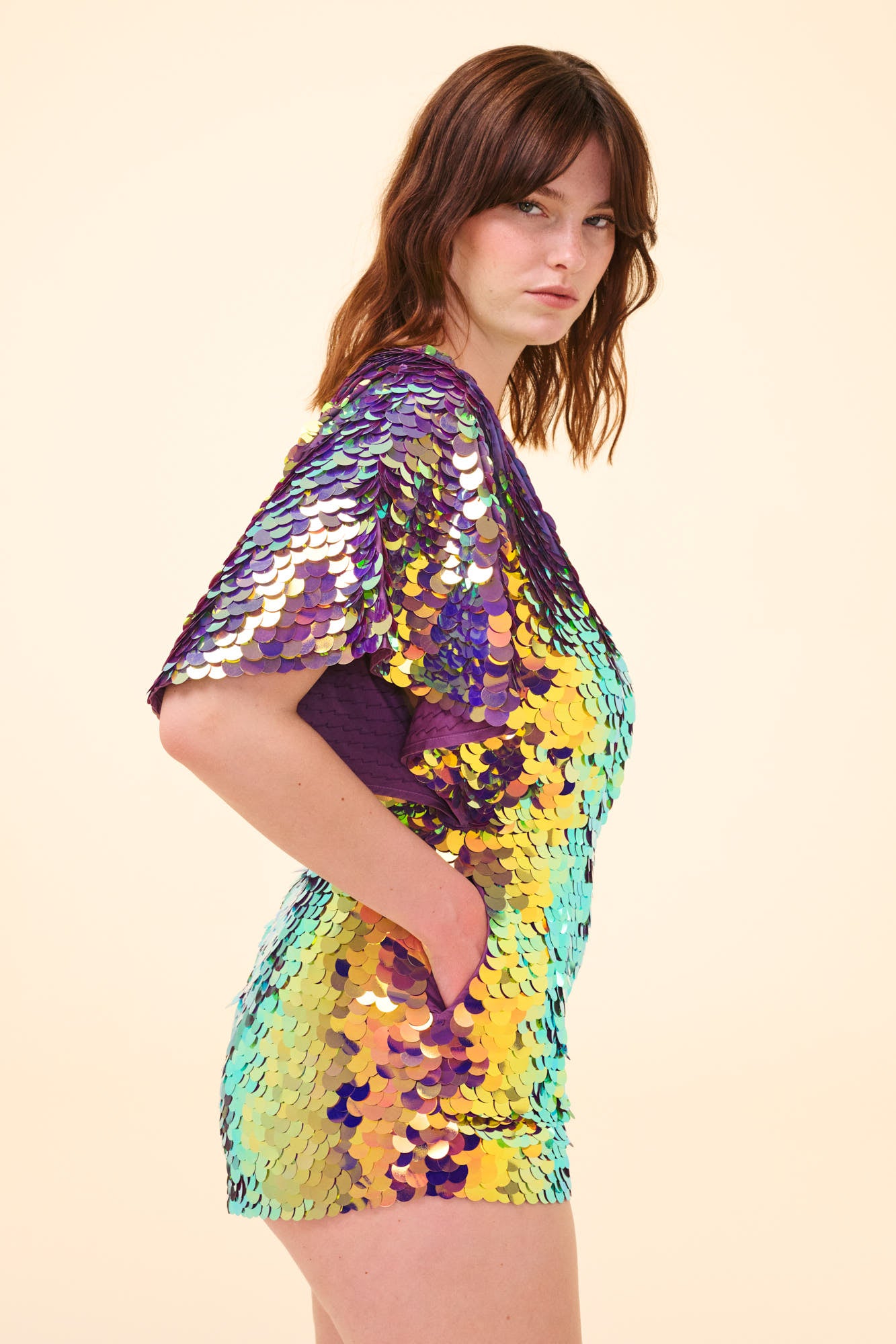 MELLA SEQUIN CAPE PLAYSUIT - ORCHID