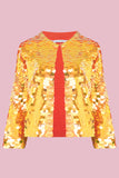 A Rosa Bloom studio image of a bright orange sequin sequin boxy style jacket with a button at the top