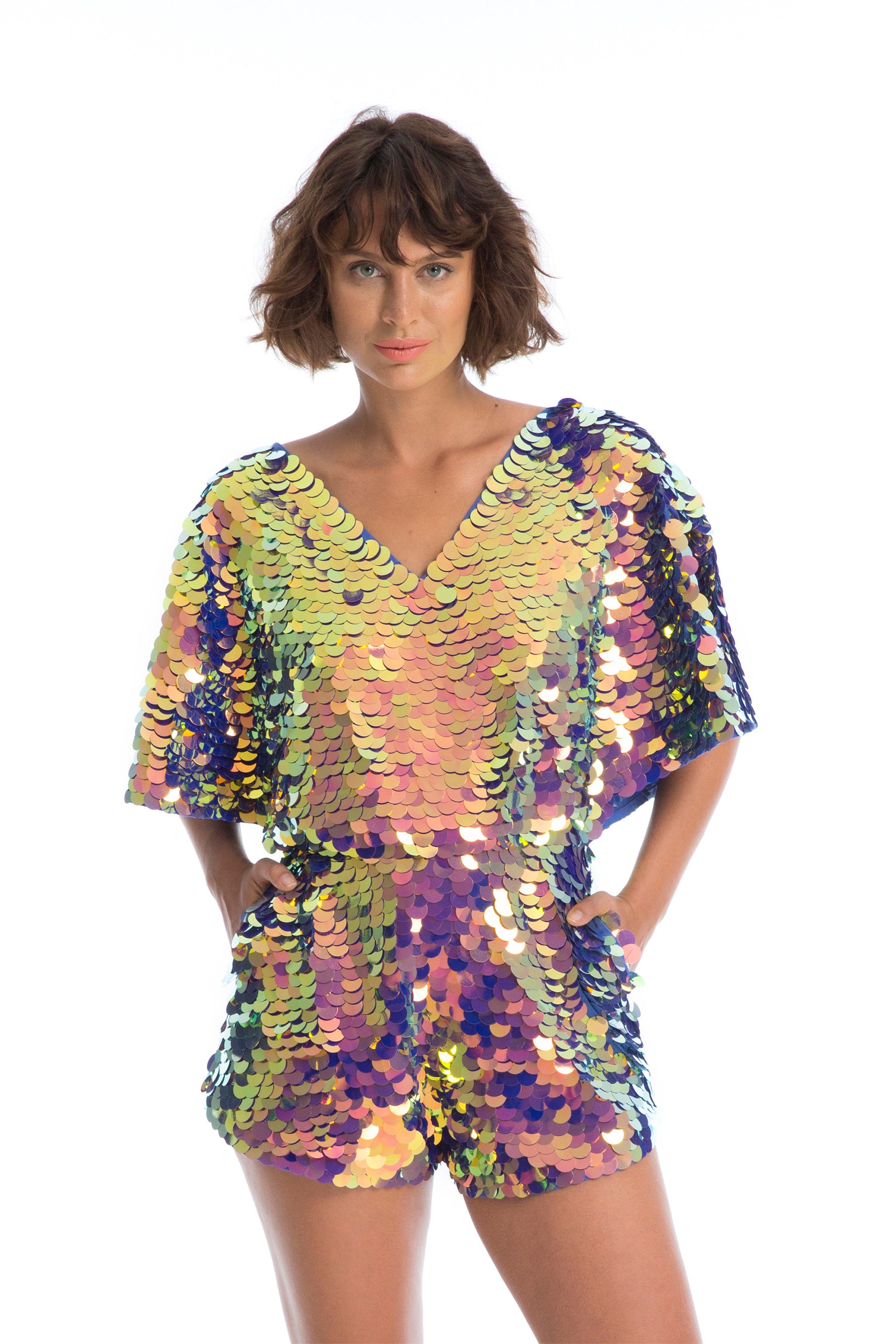 MELLA SEQUIN CAPE PLAYSUIT - ORCHID