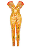 Red-gold coloured off shoulder, v-neck sequin jumpsuit by Rosa Bloom