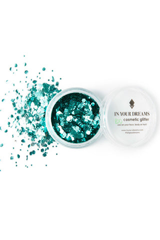 An image showing the aqua trip cosmetic biodegradable glitter in its in your dreams branded pot with lid off