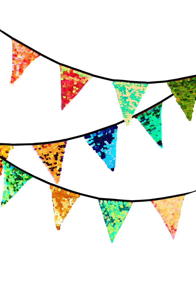 Three rows of handmade multicoloured sequin bunting from Rosa Bloom.