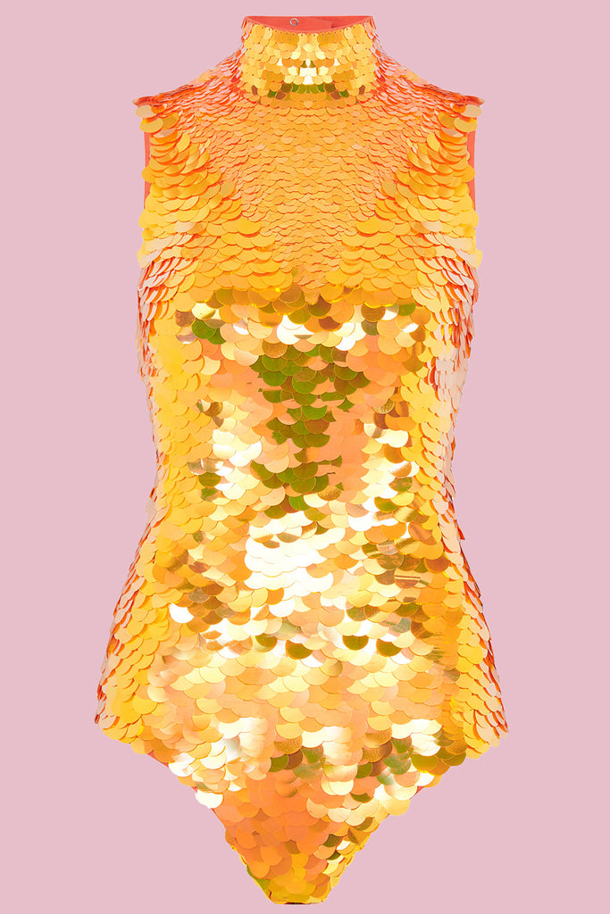 An Orange sequin Rosa Bloom Fifi Leotard