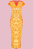 A figure hugging long sequin dress with small capped sleeves, completely covered in large round holographic Rosa Bloom sequins. The sequins glisten, creating a mix of shimmering colours of golds and oranges. 