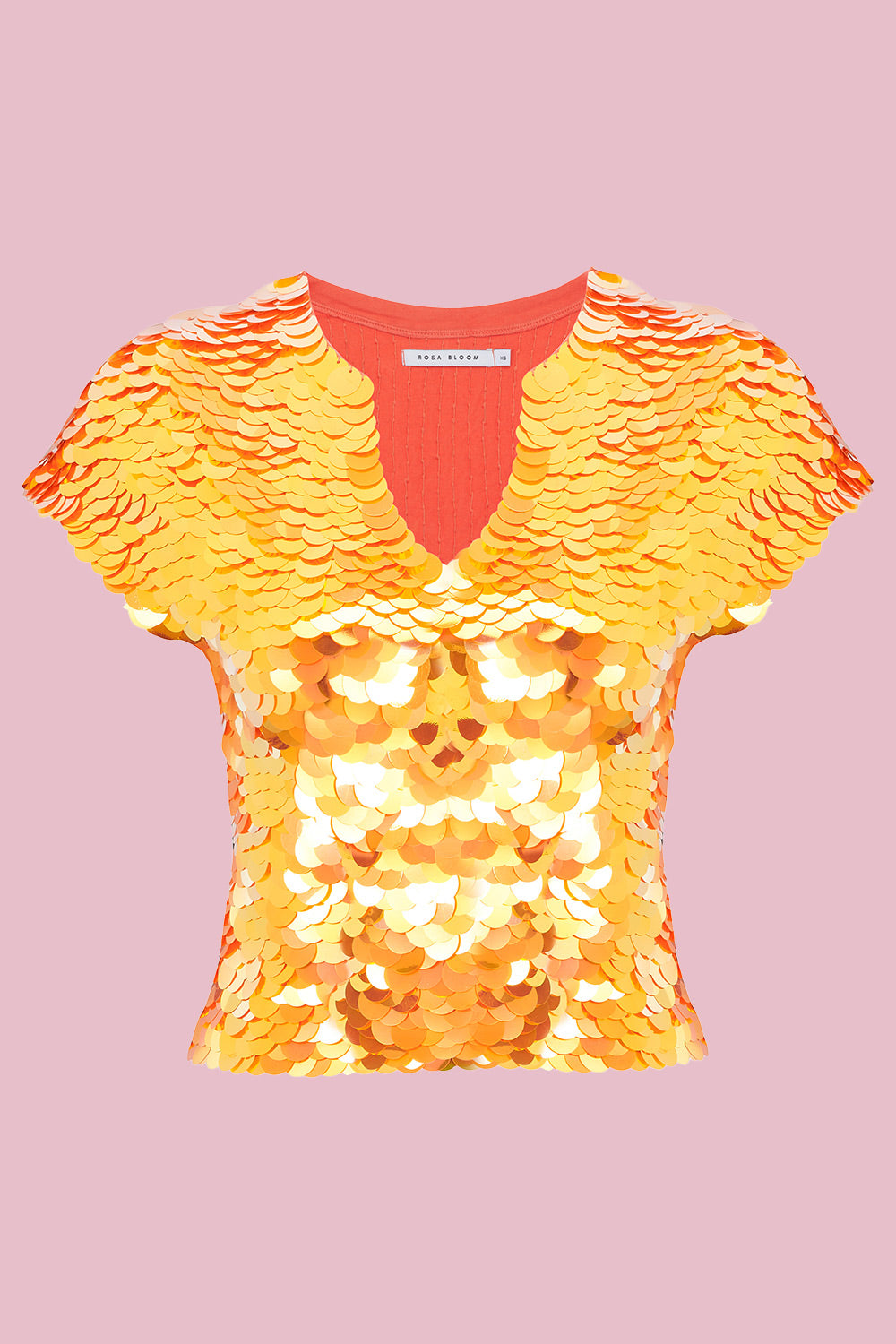 Stretchy capped sleeve festival sequin top covered in large round holographic Rosa Bloom sequins. The Fox sequins sparkle in the light, creating a mix of shimmering colours of gold and orange. 